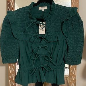 NWT SEA New York green puff sleeve blouse with bows